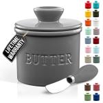 Zulay Kitchen Porcelain Butter Crock With Lid & Knife - Authentic French Butter Dish For Fresh & Spreadable Butter - Gray