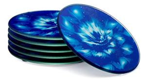 Set of 6 Round Drink Coasters, Blue Floral Design, Gift Boxed, Tempered Glass, Non Slip, Suit Indoor or Outdoor, Kitchen, Dining, Living