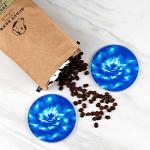 Set of 6 Round Drink Coasters, Blue Floral Design, Gift Boxed, Tempered Glass, Non Slip, Suit Indoor or Outdoor, Kitchen, Dining, Living