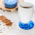 Set of 6 Round Drink Coasters, Blue Floral Design, Gift Boxed, Tempered Glass, Non Slip, Suit Indoor or Outdoor, Kitchen, Dining, Living