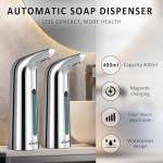Greatmay Convenient Automatic Soap Dispenser,4 Adjustable Levels Touchless Hand Sanitizer Pump with Infrared Sensor, 400 ml Countertop Electric Soap Dispenser for Bathroom,Kitchen (Silver+Silver)