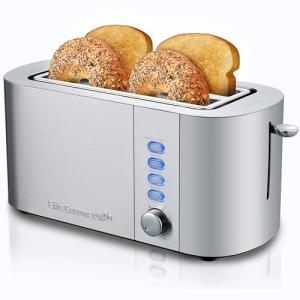 Elite Gourmet ECT4123 Long Slot 4 Slice Toaster, Extra Wide 1.5" and 5.1" Deep Slots, Bagel, Defrost & Cancel Functions, 6 Toast Shade Settings, Fits Bagels, Waffles, Artisan Breads, Stainless Steel