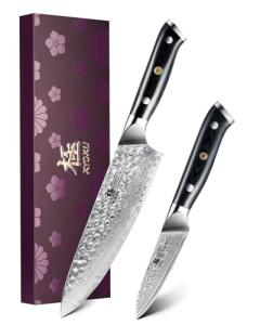 KYOKU Knife Set, 2pc Japanese Kitchen Knife Set for Cooking, 8" Chef 3.6" Paring Knife with Sheath Gift Box, Professional Sharp Damascus Stainless Steel Knives for Meat Vegetable Fruit