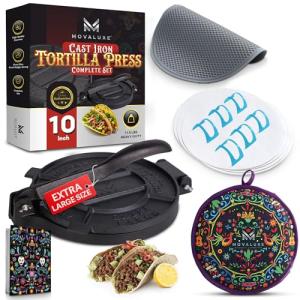 MOVALUXE® - Tortilla Press 10 inch Cast Iron Tortillas Maker. A Gift Set with a Warmer Pouch, 6 Taco Holders, Parchment Paper, Rubber mat and Recipe E-book. The Perfect Roti, chapati Dough Press
