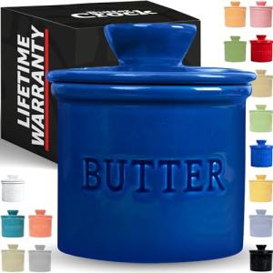 PriorityChef Butter Crock with Lid with Water Line, Ceramic French Butter Dish to Leave On Counter, Dark Blue