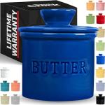 PriorityChef Butter Crock with Lid with Water Line, Ceramic French Butter Dish to Leave On Counter, Dark Blue