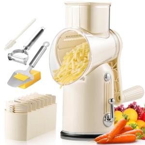 Rotary Cheese Grater Hand Crank,Emojoy 5-in1 Cheese Shredder Vegetable Chopper with Strong Suction Base, Rotary Cheese Graters for kitchen with Blade Storage Box, Included Cheese Slicer and Peeler