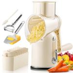 Rotary Cheese Grater Hand Crank,Emojoy 5-in1 Cheese Shredder Vegetable Chopper with Strong Suction Base, Rotary Cheese Graters for kitchen with Blade Storage Box, Included Cheese Slicer and Peeler