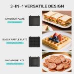 【Holiday Red】Candy 3-in-1 Waffle Maker, Grilled Sandwich Maker with Removable Plates, Bricks Design, Fun Gift for Kids, Panini Press for Breakfast, Snacks or Pancakes, Nonstick Iron Mini Toaster
