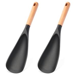 2 Pcs Wooden Handle Silicone Cooking Spoon Set for Nonstick Cookware Cooking, Baking, Stirring ，BPA-Free Heat-Resistant Spatula for Mixing, Flipping, Scraping