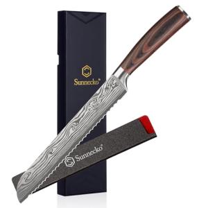 Sunnecko Bread Knife 8 Inch, High Carbon Stainless Steel Serrated Bread Knife for Homemade Bread, Wedding Cake Knife with Wooden Handle Serrated Kitchen Knife with Sheath