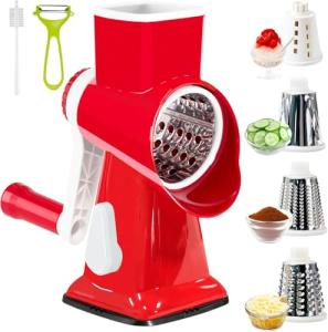 Rotary Cheese Grater with Handle, Multifunctional Kitchen tool, Stainless Steel Rotary Grater Slicer for Fruit, Vegetables, Nuts (Red)