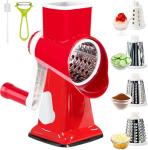 Rotary Cheese Grater with Handle, Multifunctional Kitchen tool, Stainless Steel Rotary Grater Slicer for Fruit, Vegetables, Nuts (Red)