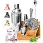 Barillio Bartender Kit - Stainless-Steel Cocktail Shaker Set with Bamboo Stand - Mixology Bar Tools w/Shaker, Drink Mixer Spoon & Muddler for Cocktails - Home Bar Accessories - 10-Pc Bar Set - Silver