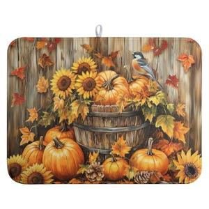 Fall Pumpkin Dish Drying Mat Autumn Maple Leaves Thanksgiving Large Kitchen Mats Dish Drying Pad Absorbent Dish Dryer Mat for Kitchen Countertops Microfiber Drainer Pad Dish Drying Mats (18x24 in)