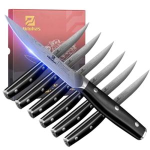 Piklohas Steak Knives Set of 6, 4.5 Inch Non Serrated Dinner Knife, Forged German Steel Damascus Pattern Straight Edge Meat Knife with Full Tang Handle, Dishwasher Safe, Ideal for Gift