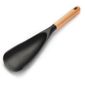 Silicone Cooking Spoon for Nonstick Cookware - Wooden Handle Kitchen Spoon for Mixing, Flipping, Scraping & Serving - Heat-Resistant Spatula for Baking, Stirring (11.4'' Black 1-Pcs)