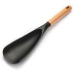 Silicone Cooking Spoon for Nonstick Cookware - Wooden Handle Kitchen Spoon for Mixing, Flipping, Scraping & Serving - Heat-Resistant Spatula for Baking, Stirring (11.4'' Black 1-Pcs)