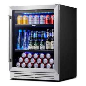 Yeego Beverage Refrigerator Cooler - 24 inch 180 Cans Mini Fridge with Glass Door, 34-54 ℉ Under Counter Refrigerator Built-in for Wine Beer Soda for Bar Bedroom Office