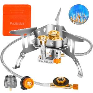9900W Windproof Camping Gas Stove, Portable Camping Stove with Piezo Ignition, 1LB Propane Tank Adapter, Butane Adapter for Outdoor Cooking, Picnic, Camping and Hiking