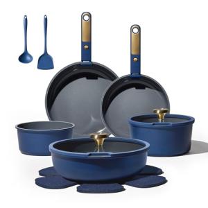 CAROTE Blue&Gold Ceramic Cookware Set Non Toxic, PFAS Free,15Pcs Pots and Pans Set Non Stick Detachable/Removable Handle,Kitchen Cooking Set Dishwasher Safe, Nonstick Pot and Pan, Induction Cookware