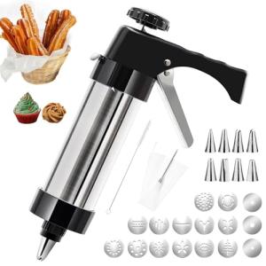 Stainless Steel Cookies Press, Churro Maker Machine, 28pcs Churros Maker Gun Kit, Cookie Press Gun Kit with 16 Cookie Discs, 8 Piping Tips and 2 Brushes for DIY cake Maker Decorating Baking Supplies