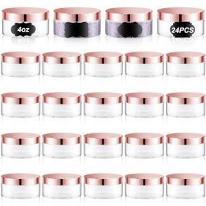 Dandat 24 Pcs 4 oz Plastic Jar Container with Lid and Label Refillable Empty Round Clear with Rose Gold PET Cosmetic Sample Containers for Lotion, Cream, Ointments, Body Butter, Makeup, Travel Storage