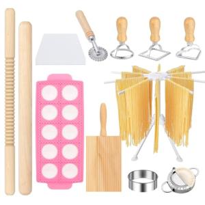 12 PCS Pasta Maker Tool Set Include 1 Pasta Drying Rack 1 Gnocchi Board 1 Dough Scraper 4 Ravioli Maker Cutter 2 Dumpling Maker Tool 1 Noodle Cutter 1 Rolling Pin 1 Pasta Stamp For Homemade Pasta (12)