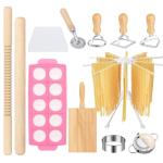 12 PCS Pasta Maker Tool Set Include 1 Pasta Drying Rack 1 Gnocchi Board 1 Dough Scraper 4 Ravioli Maker Cutter 2 Dumpling Maker Tool 1 Noodle Cutter 1 Rolling Pin 1 Pasta Stamp For Homemade Pasta (12)