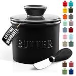 Zulay Kitchen Porcelain Butter Crock With Lid & Knife - Authentic French Butter Dish Keeper For Fresh & Spreadable Butter - Black Bell Shaped