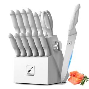 imarku Kitchen Knife Set, Japanese Knives Set For Kitchen, Stainless Steel Knife Set With Block, Deba Knives For Fish/Meat Slicing, Kitchen Essentials, White, Anti-Slip Handle, Dishwasher Safe