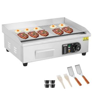 VEVOR Commercial Electric Griddle, 1600W Countertop Half-Flat Top Grill, 22in Stainless Steel Griddle Grill with 2 Shovels and 2 Brushes for Home or Restaurant, 122℉-572℉ Adjustable Temp