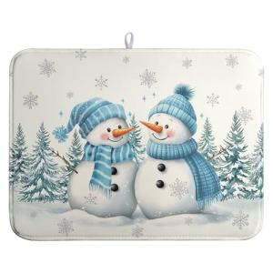 Winter Dish Drying Mat Winter Snowman Large Kitchen Mats Dish Drying Pad Blue Snowman Pine Tree Absorbent Dish Dryer Mat for Kitchen Countertops Microfiber Drainer Pad Dish Drying Mats (18x24 in)
