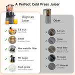 Cold Press Juicer Machines, Airpher 400W Juicer Machines with 5.8" Wide Feed Chute, Slow Masticating Juicer For Whole Vegetables & Fruits with High Juice Yield, Easy to Clean Gray