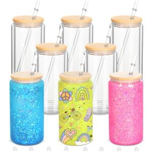Micellwuu 8 Pack 16 Oz Sublimation Snow Globe Tumbler, Snow Globe Cups with Pre Drilled Hole, Double Wall Beer Can Glass Mason Jar Mug with Bamboo Lids and Straws for Snowglobe DIY