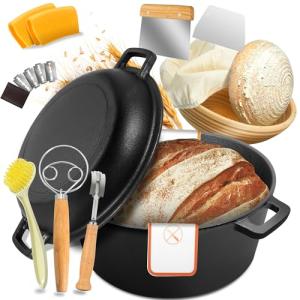 Cast Iron Dutch Oven for Bread Baking, 5 QT Pre-Seasoned Pot with Skillet Lid, Includes Sourdough Bread Baking Supplies, Cast Iron Pot for Frying, Braising, BBQ