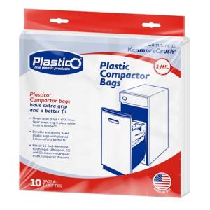 Plastico Compactor Bags for 15” Rectangular Trash Compactors, 10 Bags + 10 Twist Ties, Heavy Duty 3 Mil Thick Plastic, 18 Gallon, Pre-Punched Holes for Easy Attachment, Strong & Flexible Crushing
