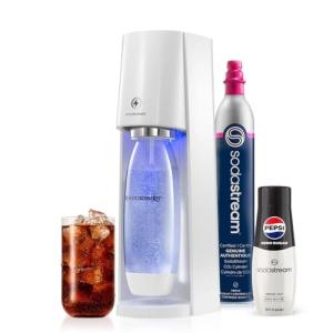 SodaStream - E-TERRA Soda Maker | STARTER KIT | 3 Automatic Carbonation Levels | Includes 1x CO2 Cylinder, 1x 32 Fl Oz Dishwasher Safe Bottle, 1x Pepsi Zero Sugar Mix, 1x Power Adapter | White