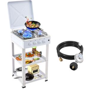 4 Burner Propane Gas Stove,300000BTU Portable Gas Stove with Support Leg Stand and Wind Blocking Cover Adapter Auto Ignition Camping Stove,propane burner for RV, Apartment, Outdoor Cooking