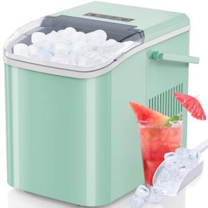 DUMOS Ice Makers Countertop with Handle Ice Machine, Fast in 6 Mins, 26lbs in 24 Hours, Quiet Self-Cleaning, Compact Size Portable for Home, Kitchen, RV, Camping,Modern Green