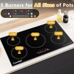 Cusinesync 36 Inch Induction Cooktop, 5 Burner Electric Cooktop with 9 Power Levels, Touch Control, Timer, Child Lock and Residual Heat Warning, 10800W, 220-240V for Hard Wire