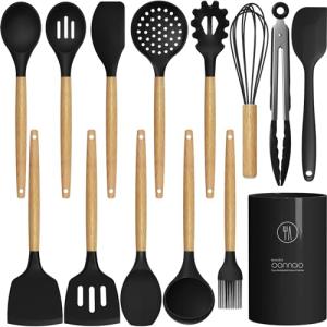 Silicone Cooking Utensils Set Utensil Sets - 446°F Heat Resistant Silicone Kitchen Utensils Set Wooden Handles, Silicone Utensils for Cooking w Holder for Non-Stick Cookware BPA FREE (Black)