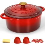 5.5 QT Enameled Cast Iron Dutch Oven – Heavy-Duty Red Pot with Lid & Dual Handles, Ideal for Bread Baking, Stews & Roasting – Includes Recipe Book