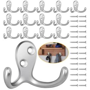 Homanu 14 Pack Coat Hooks, Heavy Duty Double Prong Coat Hooks Wall Mounted with 28 Screws, No Rust Silvery Metal Wall Hooks for Hanging Towel, Coat, Bag, Hat, Cup, Key