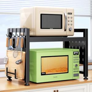 Expandable Microwave Stand Countertop, 2-Tier Adjustable Microwave Oven Rack with 8 Hooks & 2 Holders, Heavy Duty Carbon Steel Microwave Shelf for Kitchen Counter Organizer and Storage, Holds 120lbs