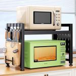 Expandable Microwave Stand Countertop, 2-Tier Adjustable Microwave Oven Rack with 8 Hooks & 2 Holders, Heavy Duty Carbon Steel Microwave Shelf for Kitchen Counter Organizer and Storage, Holds 120lbs