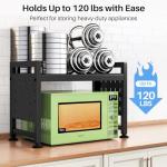 Expandable Microwave Stand Countertop, 2-Tier Adjustable Microwave Oven Rack with 8 Hooks & 2 Holders, Heavy Duty Carbon Steel Microwave Shelf for Kitchen Counter Organizer and Storage, Holds 120lbs