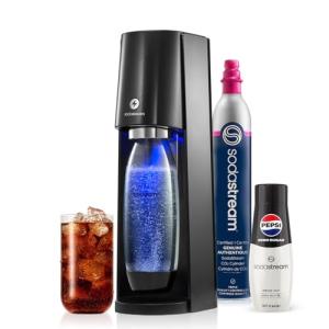 SodaStream - E-TERRA Soda Maker | STARTER KIT | 3 Automatic Carbonation Levels | Includes 1x CO2 Cylinder, 1x 32 Fl Oz Dishwasher Safe Bottle, 1x Pepsi Zero Sugar Mix, 1x Power Adapter | Black