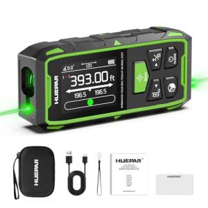 Huepar Dual Laser Measuring Tool, 393Ft Green-Beam Bilateral Digital Laser Distance Measure 6 Units Ft/in/M, Rechargeable Laser Measurement Tool -Backlit LCD Display, Length/Area/Volume/Angle Sensor