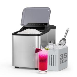 Typhur Fast Nugget Ice Maker Countertop with Self-Cleaning Pump, 35lbs/24H Crushed Pebble Ice Machine with Pellet Ice, 8 Packs Cleaner, Dual Ice Scoops for Home, Kitchen, Party, RV, Stainless Steel